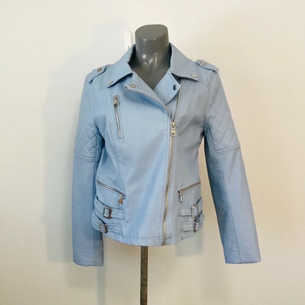 Ci Sono by Cavalini Baby Blue Faux Leather Motorcycle Jacket Size XL